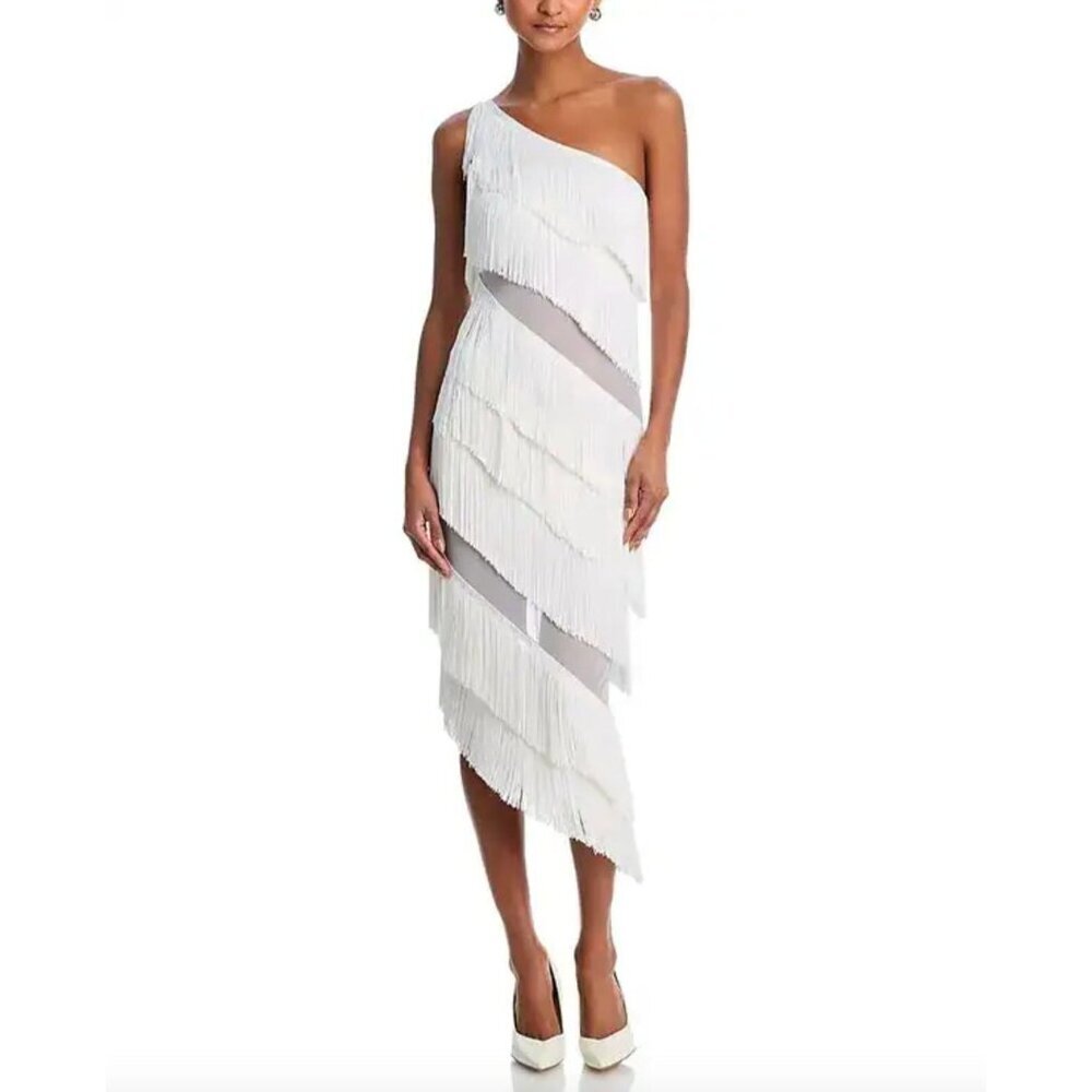 Norma Kamali Spliced One Shoulder Mid Calf Dress All Over Fringe Snow White Wome